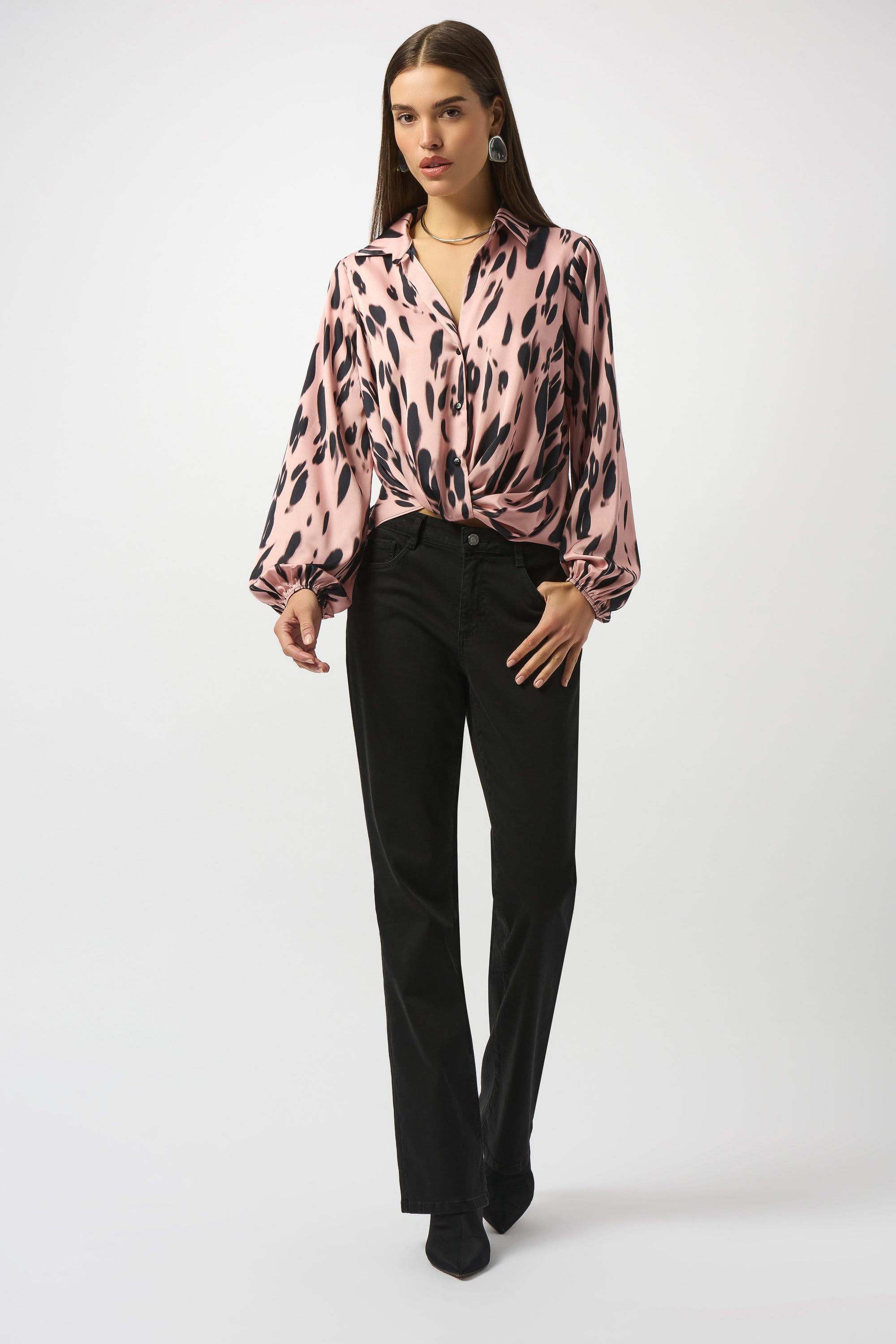 253059  Pink Animal Print Draped Blouse
