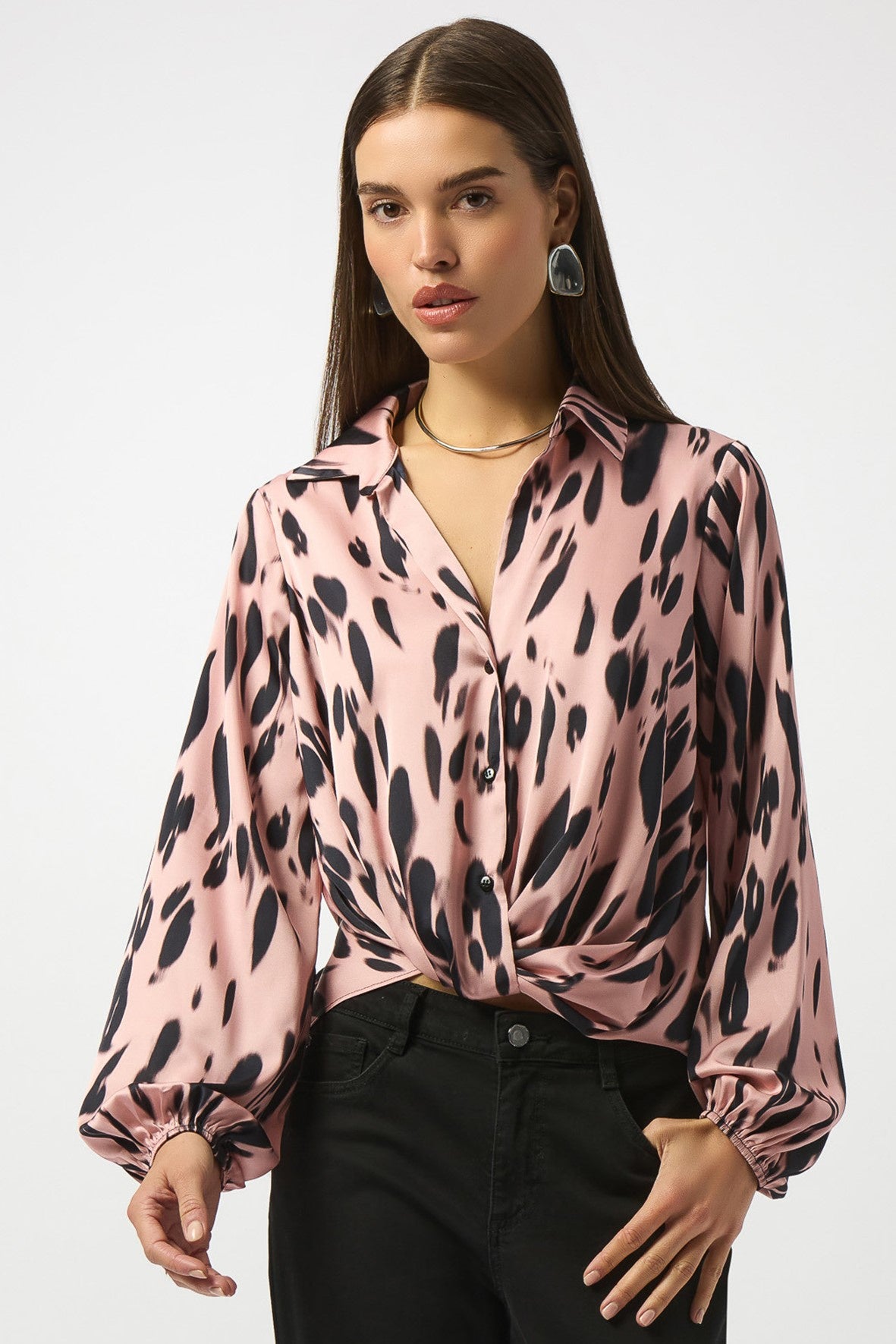 253059  Pink Animal Print Draped Blouse