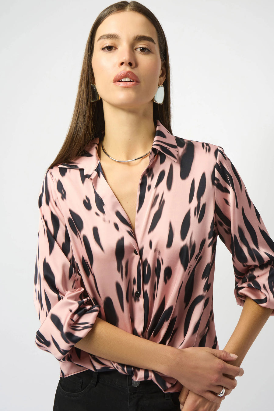 253059  Pink Animal Print Draped Blouse