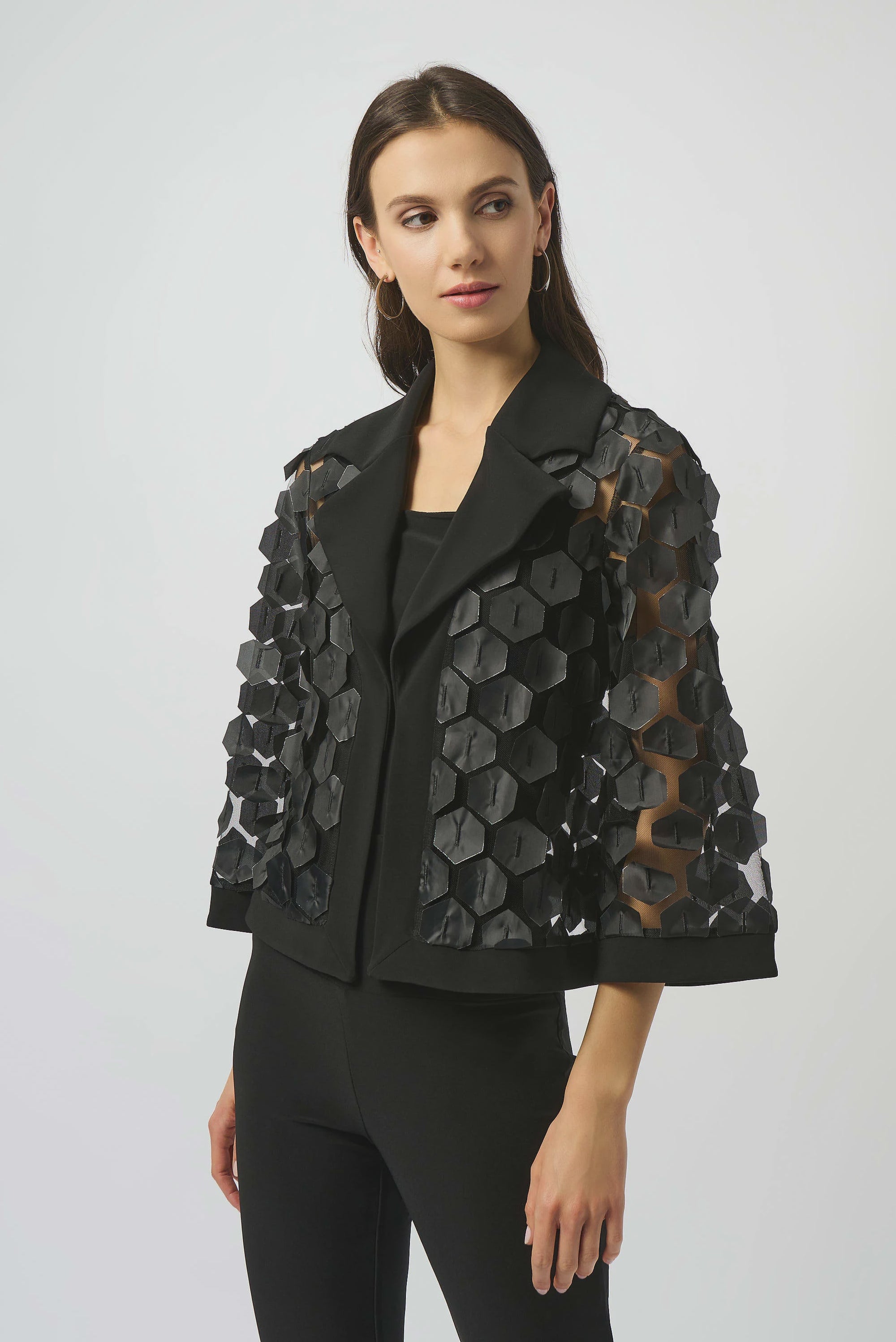 253089 Embroidered Mesh Boarder Trim Trapeze Jacket