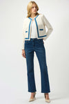 253108 Open Front Denim Fringe Boucle Jacket