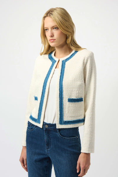 253108 Open Front Denim Fringe Boucle Jacket