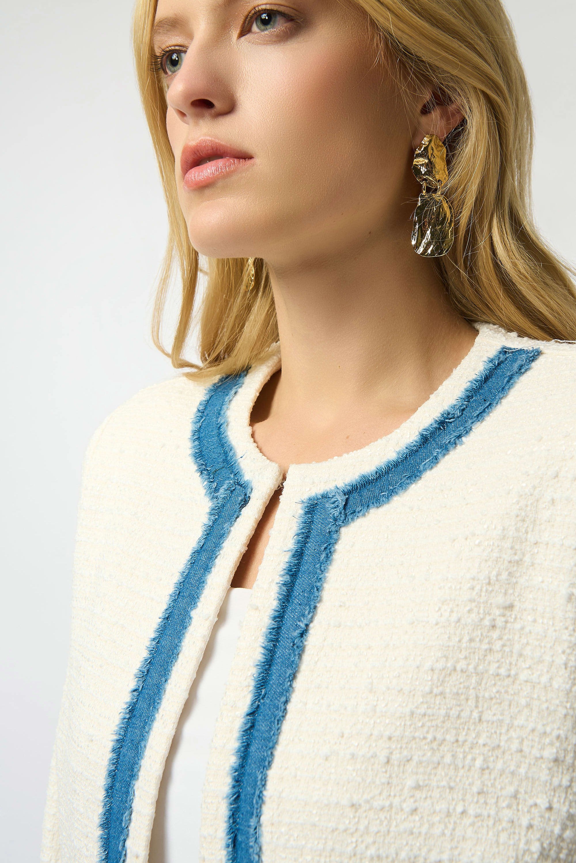 253108 Open Front Denim Fringe Boucle Jacket