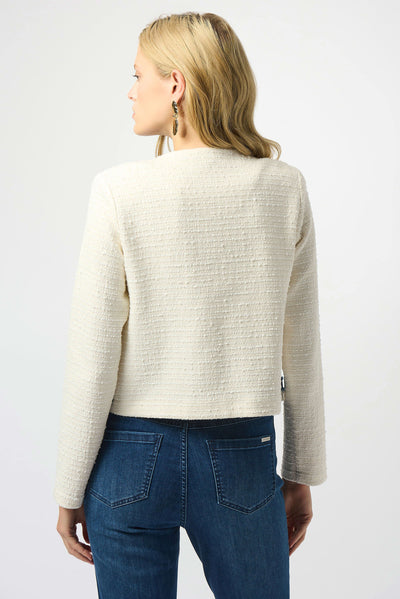 253108 Open Front Denim Fringe Boucle Jacket