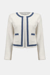 253108 Open Front Denim Fringe Boucle Jacket