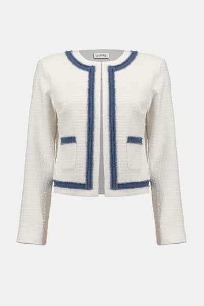 253108 Open Front Denim Fringe Boucle Jacket