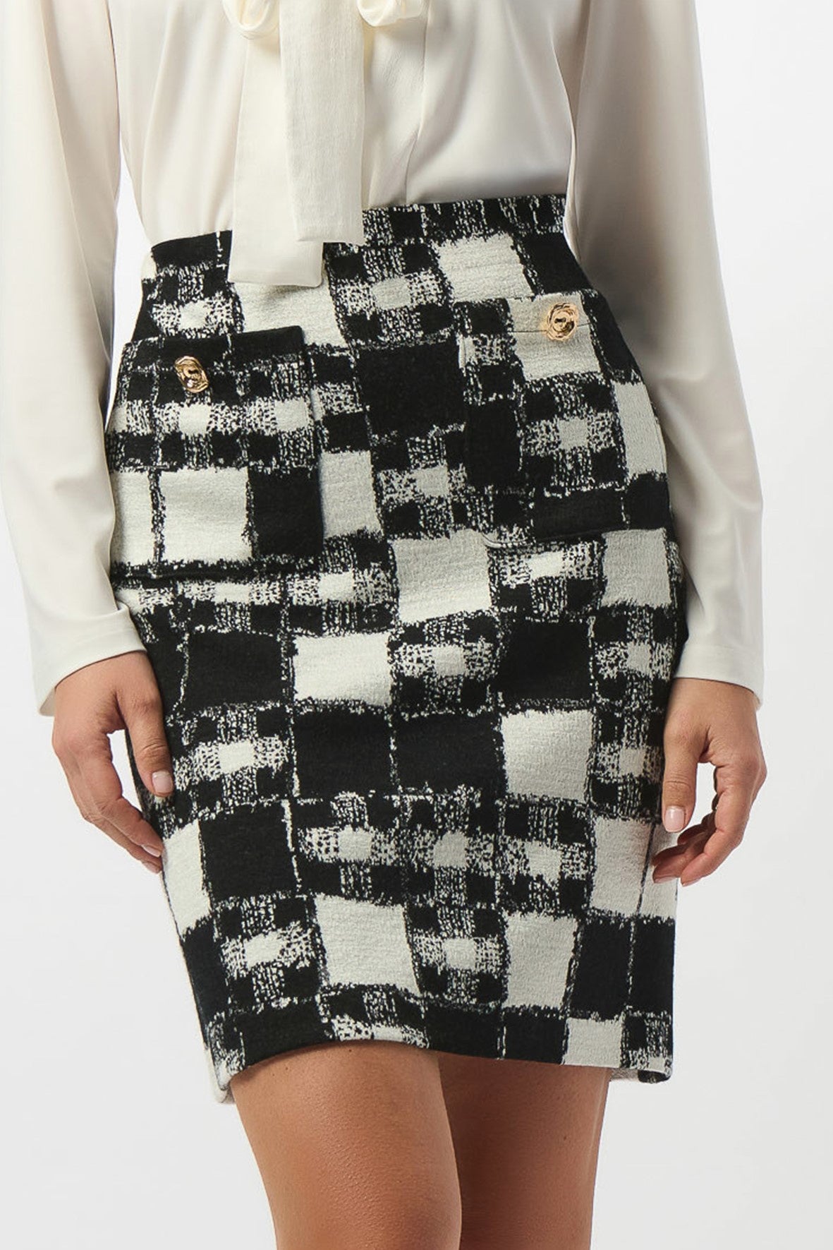 253146 Jacquard Sweater Plaid Print Pencil Skirt