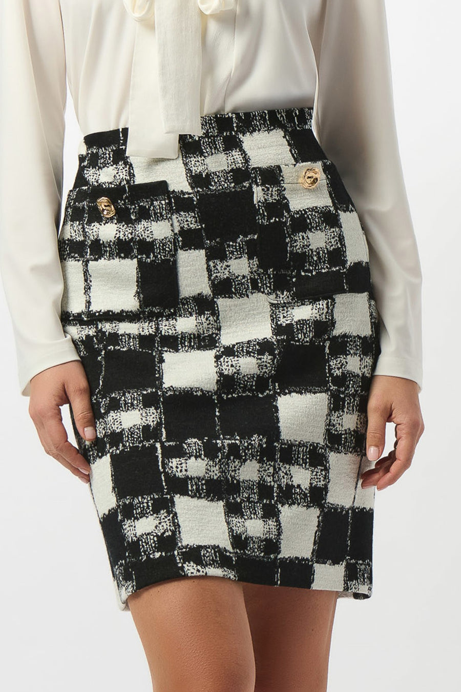 253146 Jacquard Sweater Plaid Print Pencil Skirt