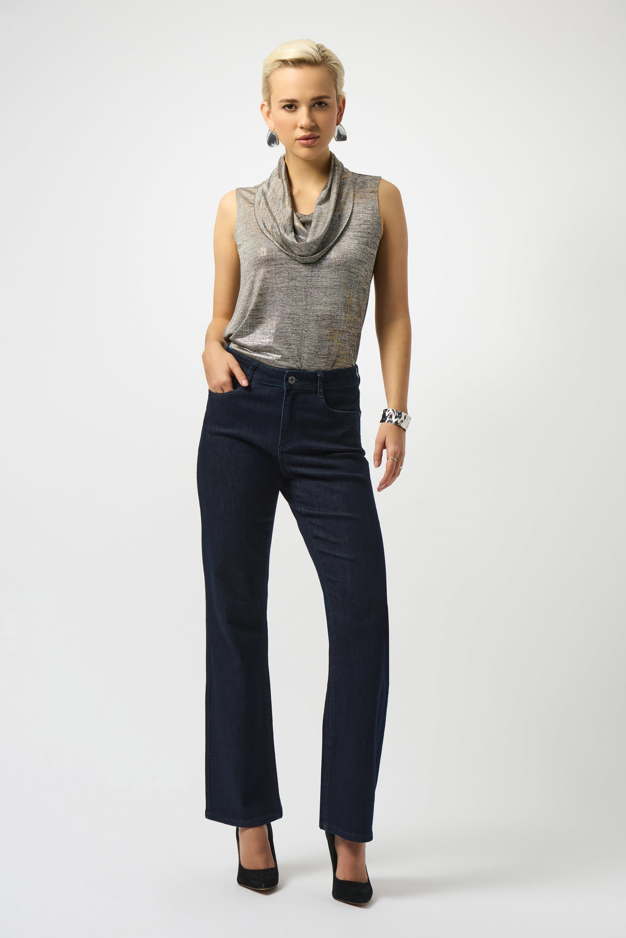 253277 Foiled Melange Knit Sleeveless Shawl Cowl