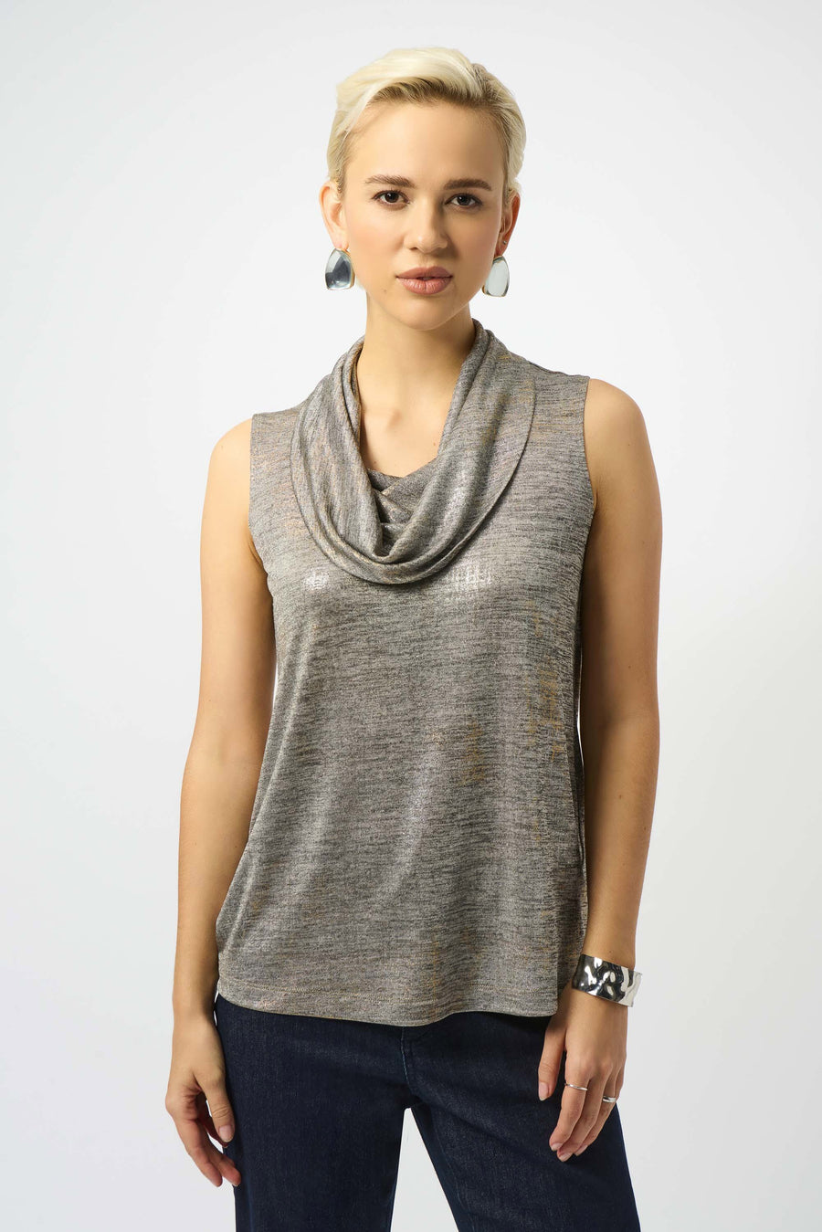 253277 Foiled Melange Knit Sleeveless Shawl Cowl