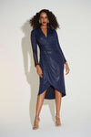 253742 Foiled Knit Wrap Dress With Mesh Sleeve Detail