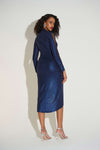 253742 Foiled Knit Wrap Dress With Mesh Sleeve Detail