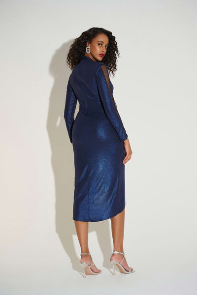 253742 Foiled Knit Wrap Dress With Mesh Sleeve Detail
