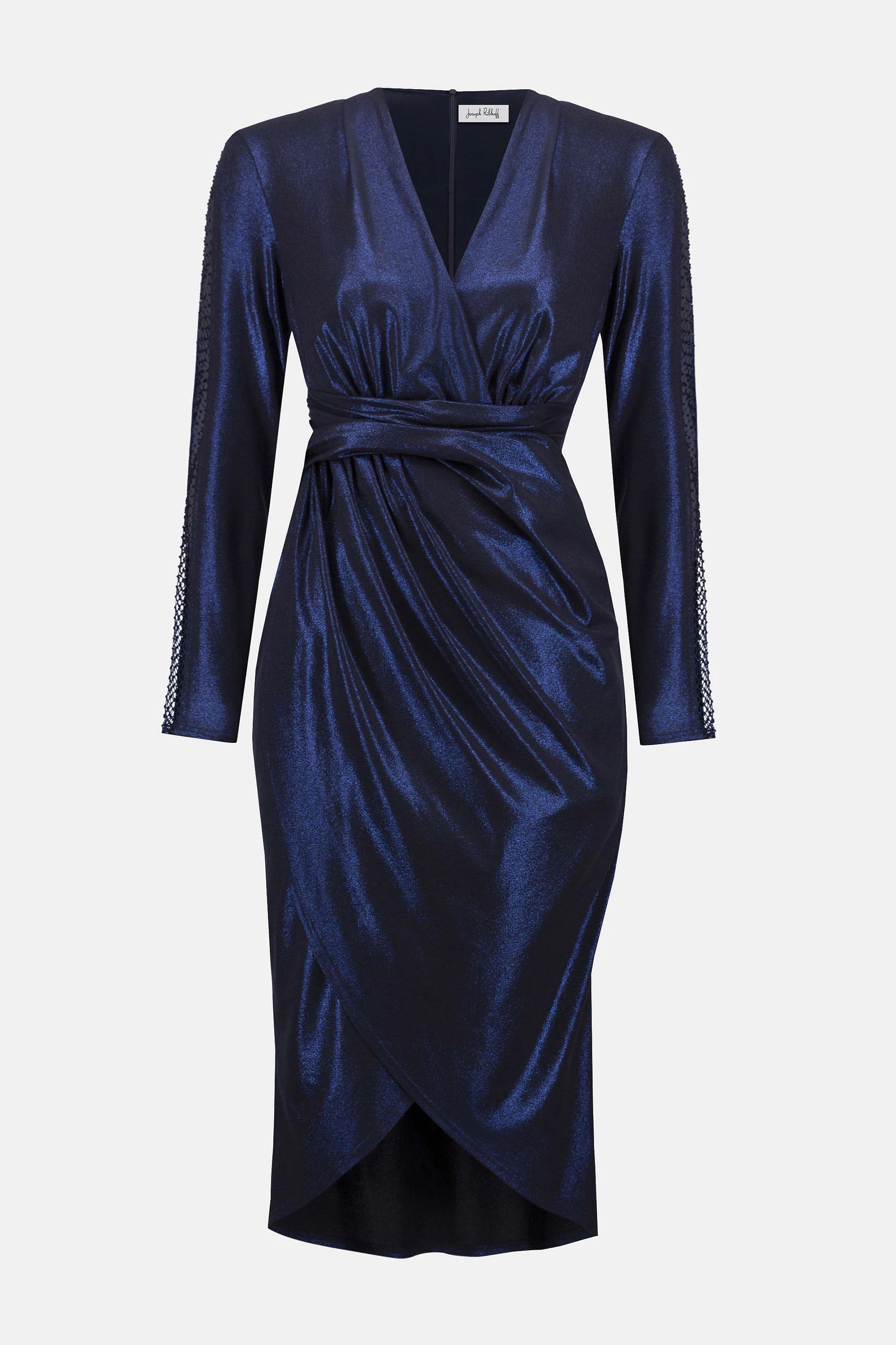 253742 Foiled Knit Wrap Dress With Mesh Sleeve Detail
