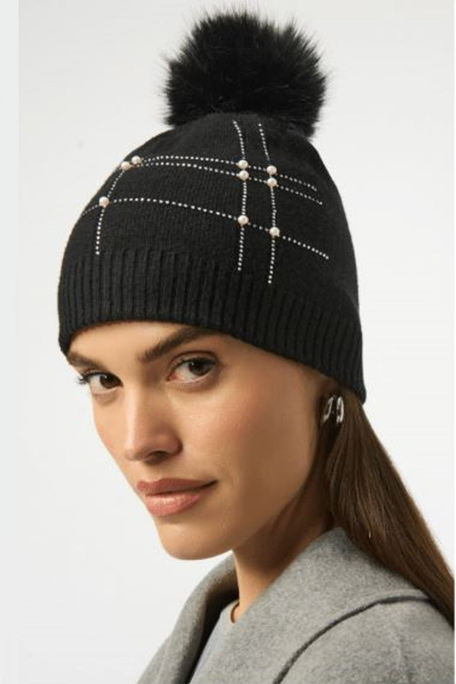 253969B  Black Knitted Faux Fur & Pompom Hat