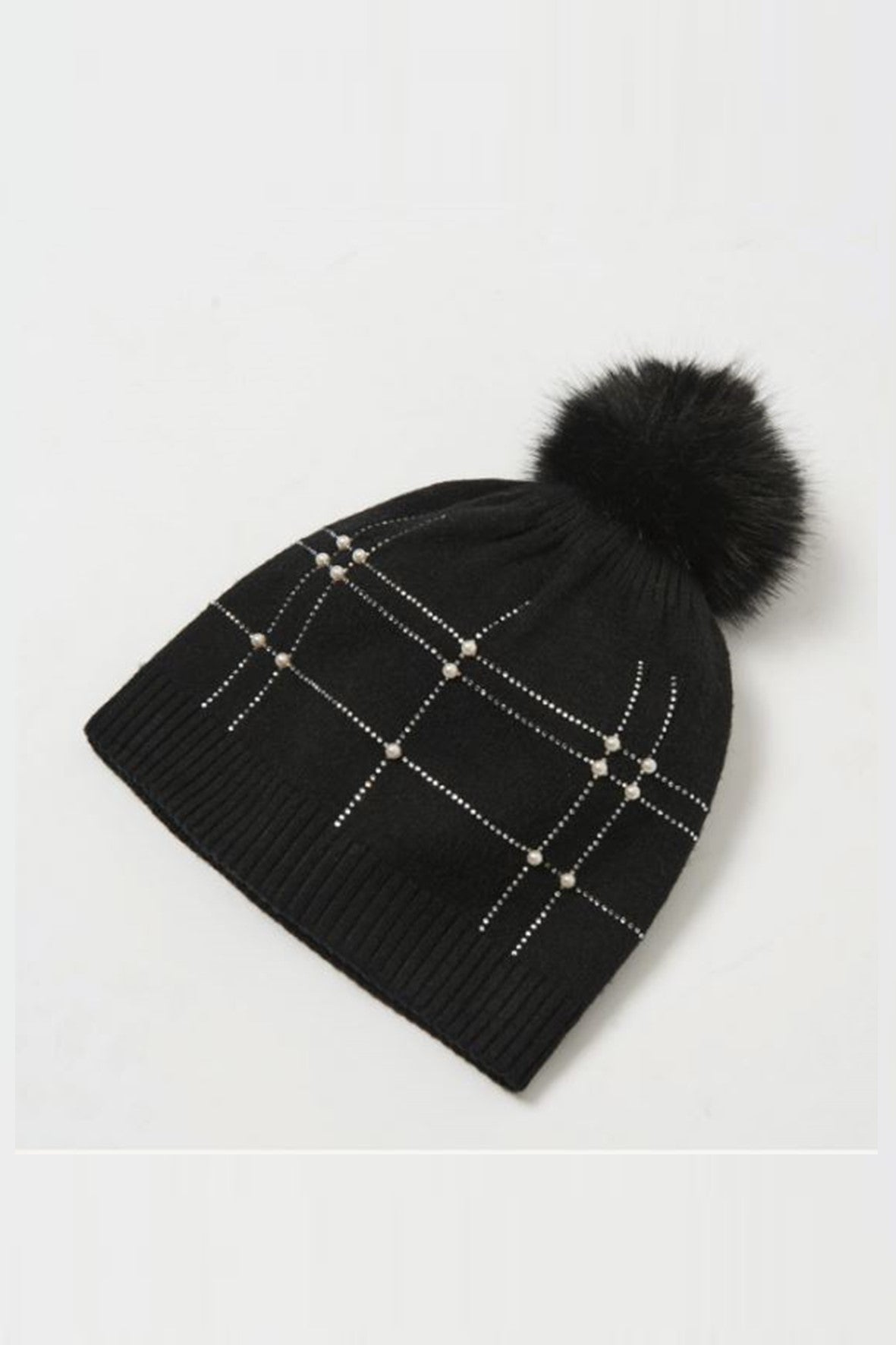 253969B  Black Knitted Faux Fur & Pompom Hat