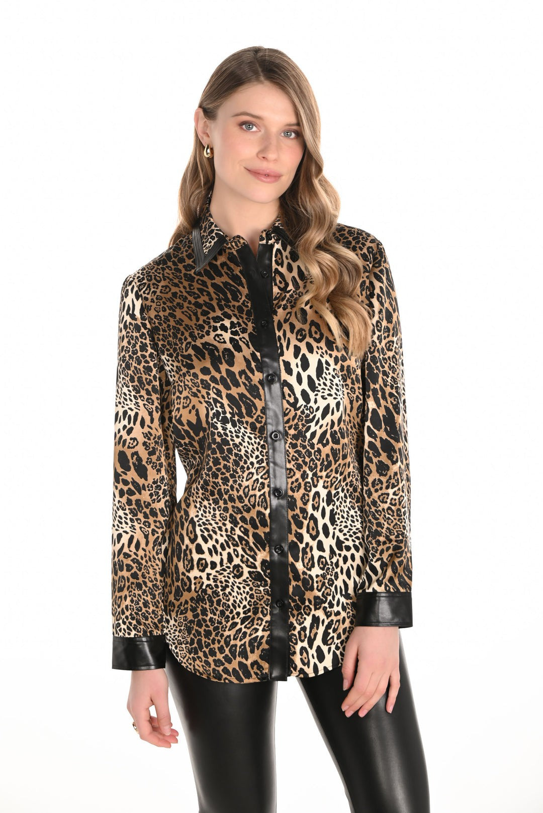 253782 Leatherette Trim Cheetah Shirt
