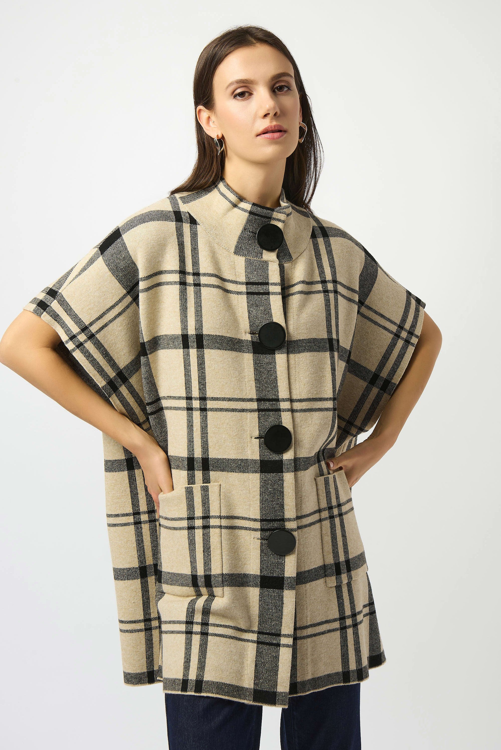 253903   Plaid Jacquard Knit Button Cape