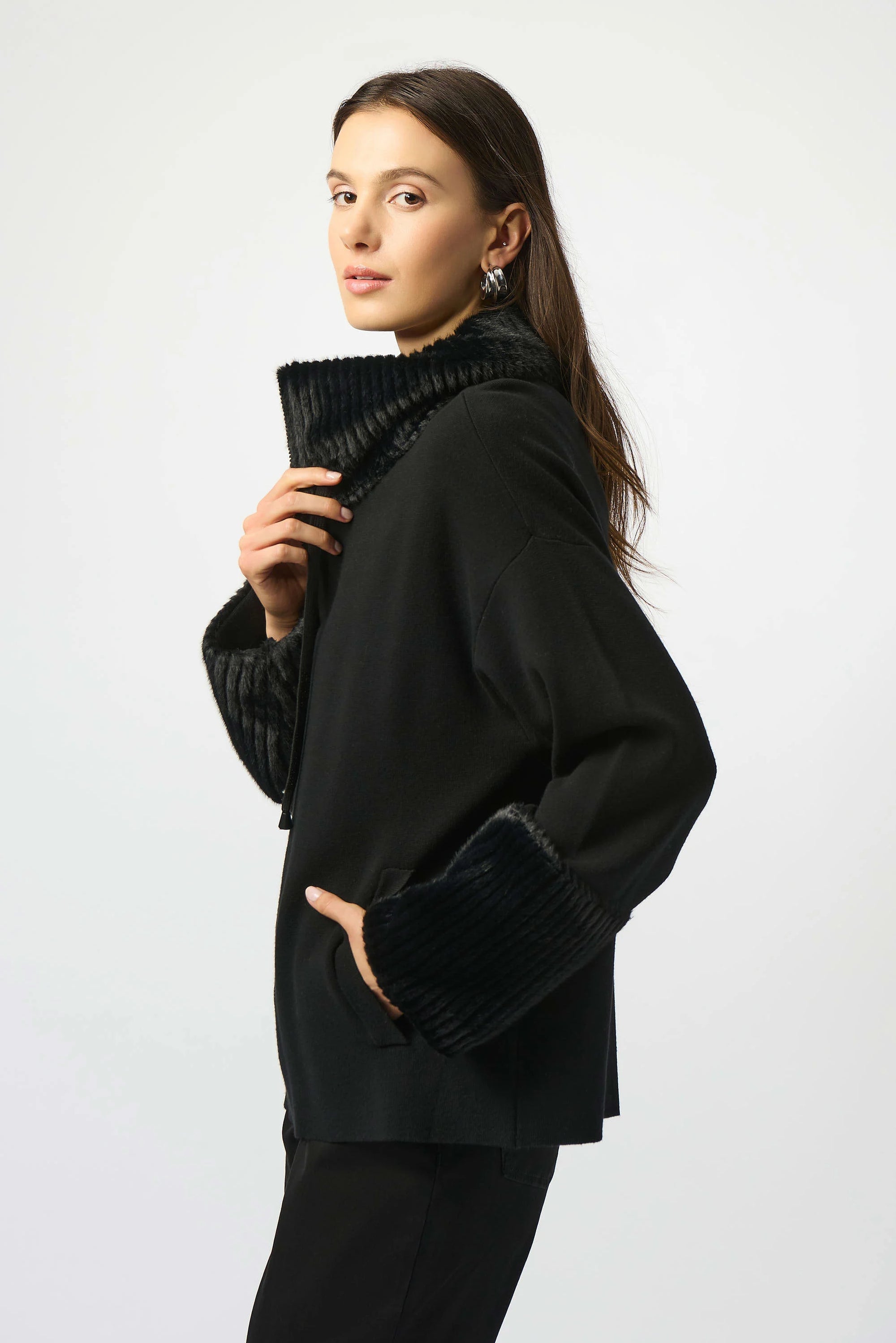 253905 Sweater Knit Fur Trim Coat Jacket