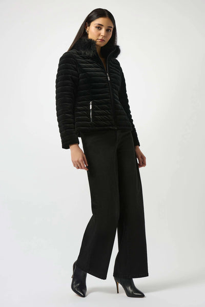 253928 Stretch Velvet Puffer with Faux Fur Collar
