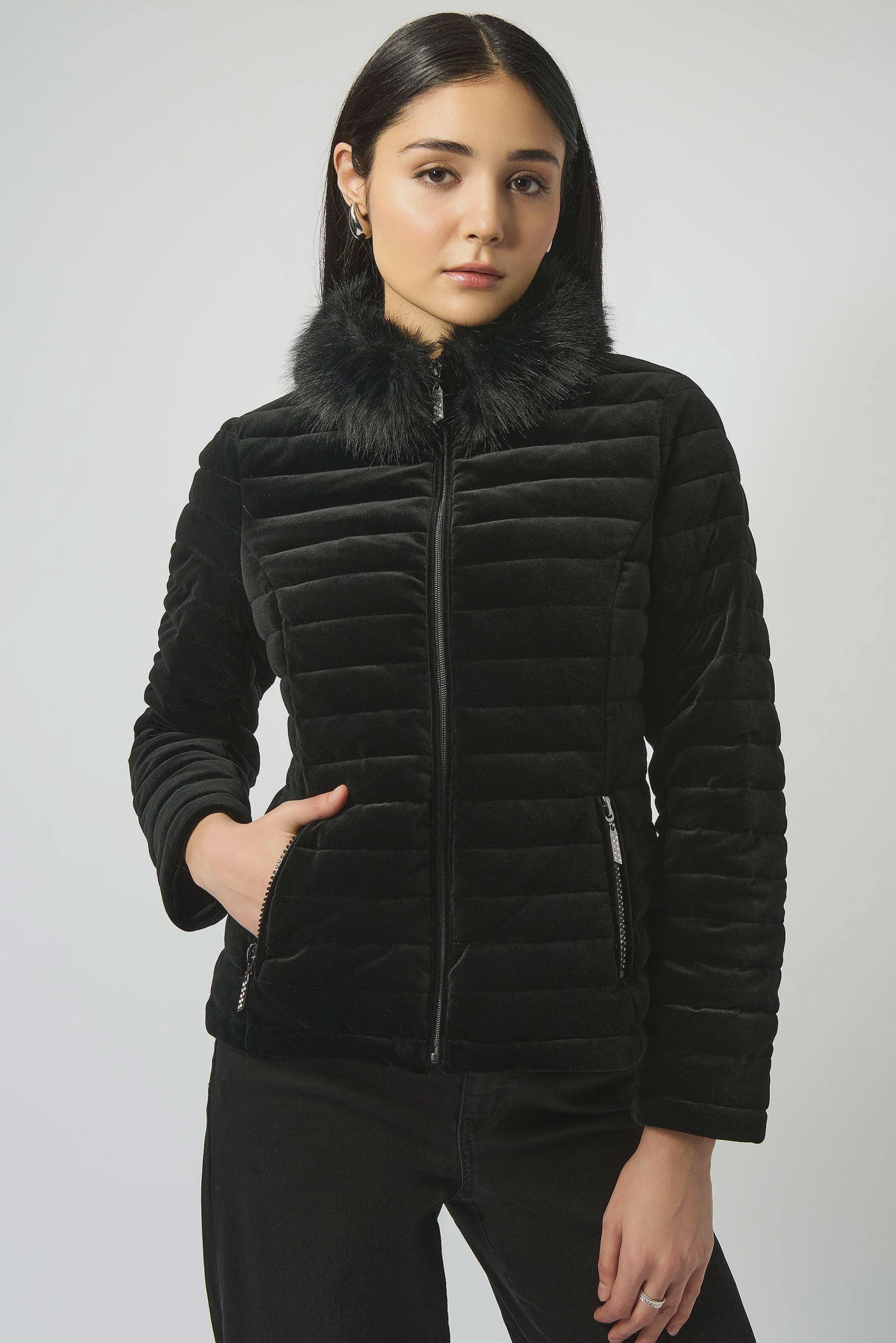 253928 Stretch Velvet Puffer with Faux Fur Collar