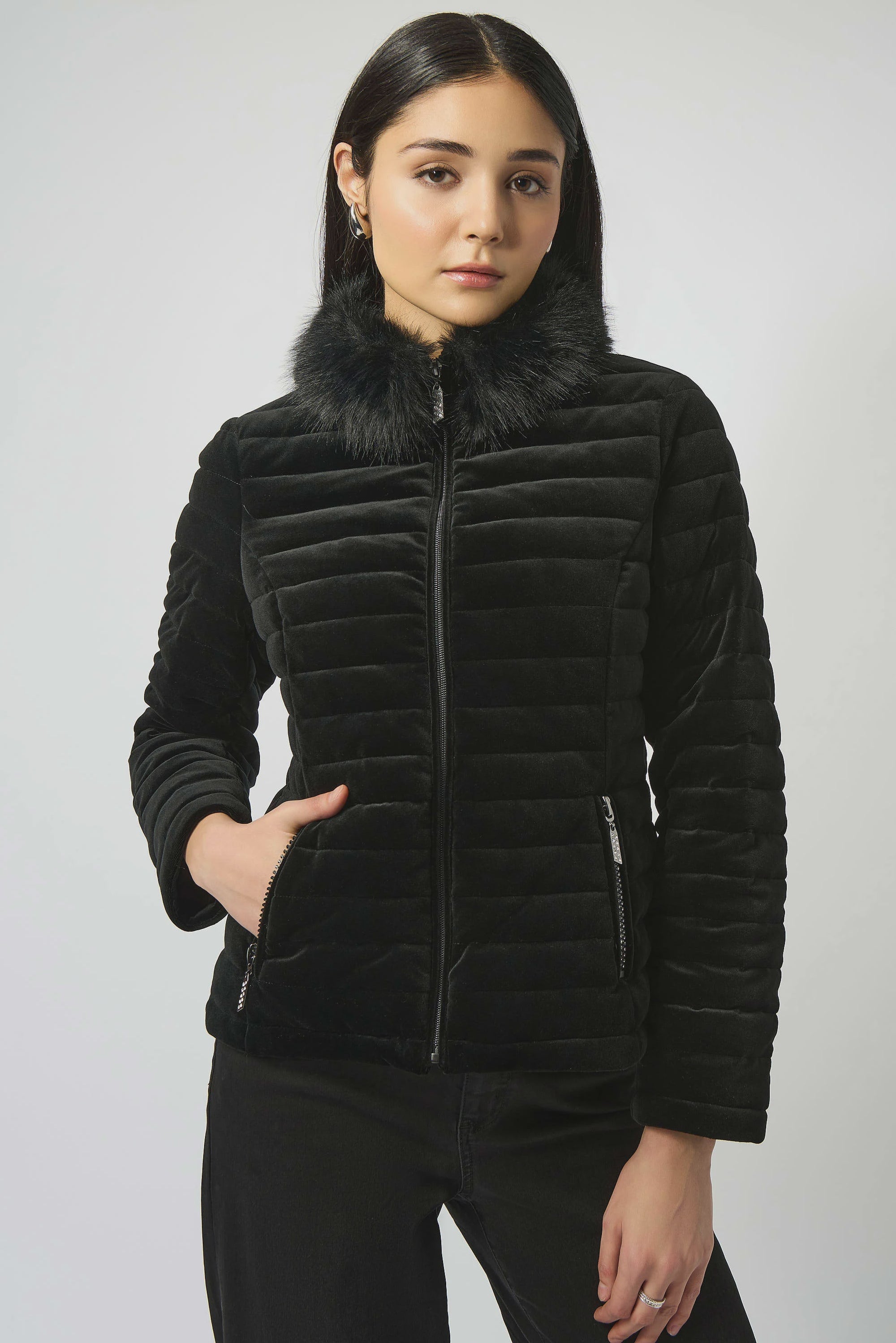253928 Stretch Velvet Puffer with Faux Fur Collar