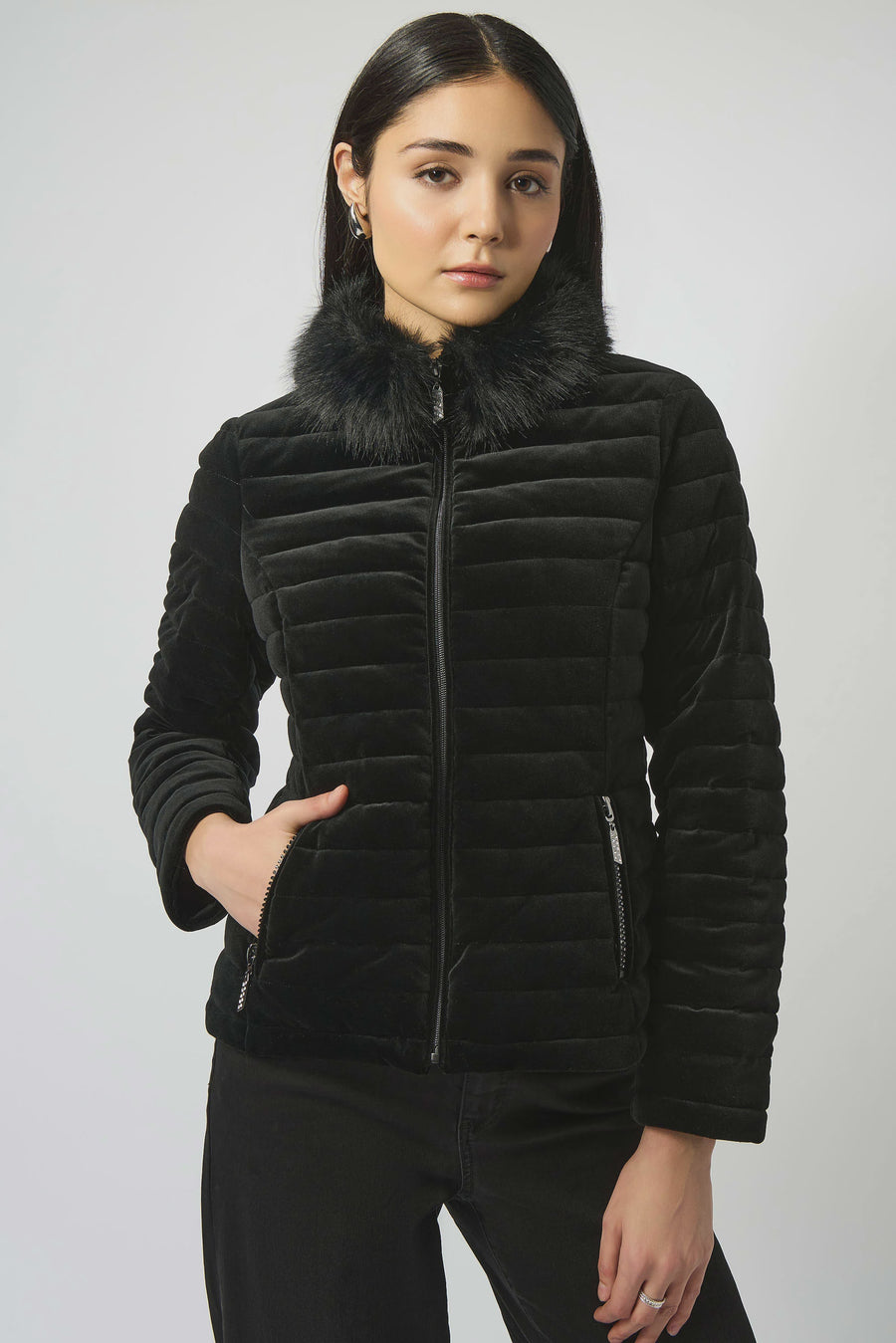 253928 Stretch Velvet Puffer with Faux Fur Collar