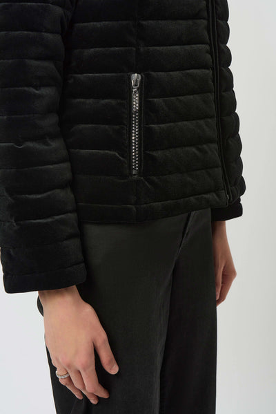 253928 Stretch Velvet Puffer with Faux Fur Collar