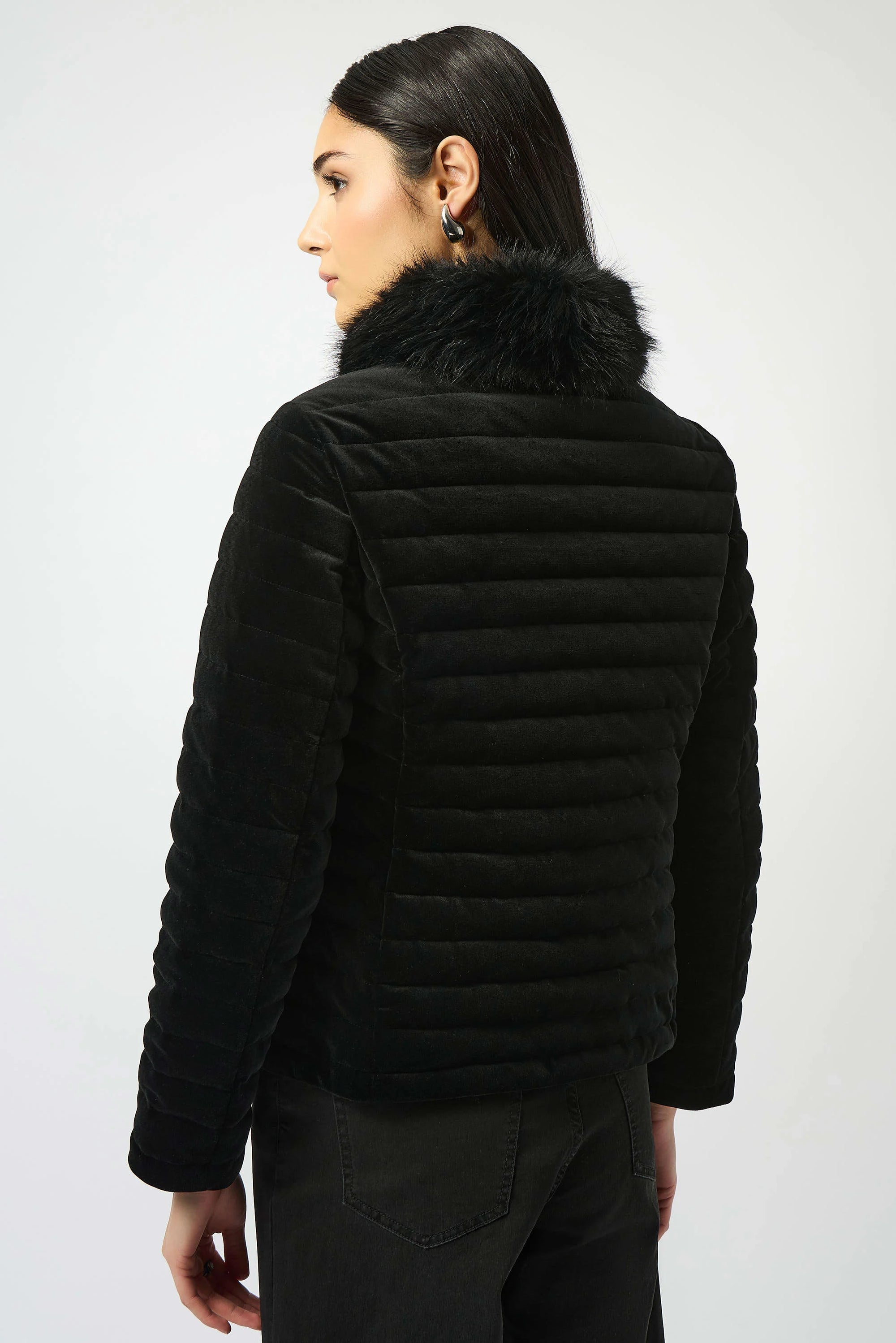 253928 Stretch Velvet Puffer with Faux Fur Collar