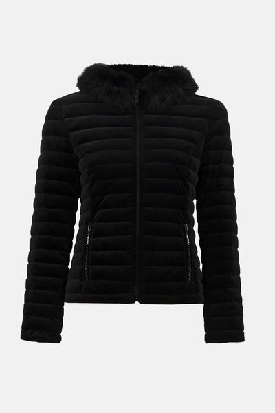 253928 Stretch Velvet Puffer with Faux Fur Collar