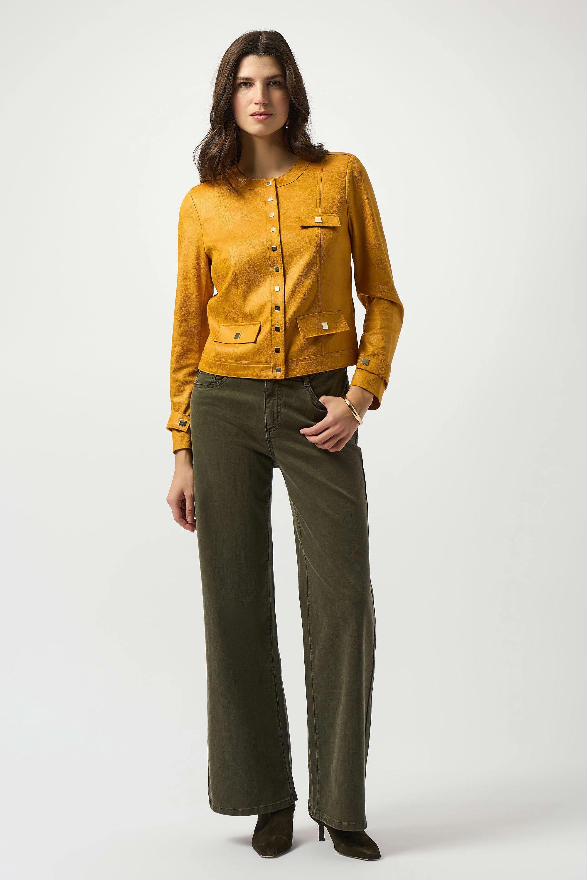 253935 Square Dome Foiled Faux Suede Fitted Jacket