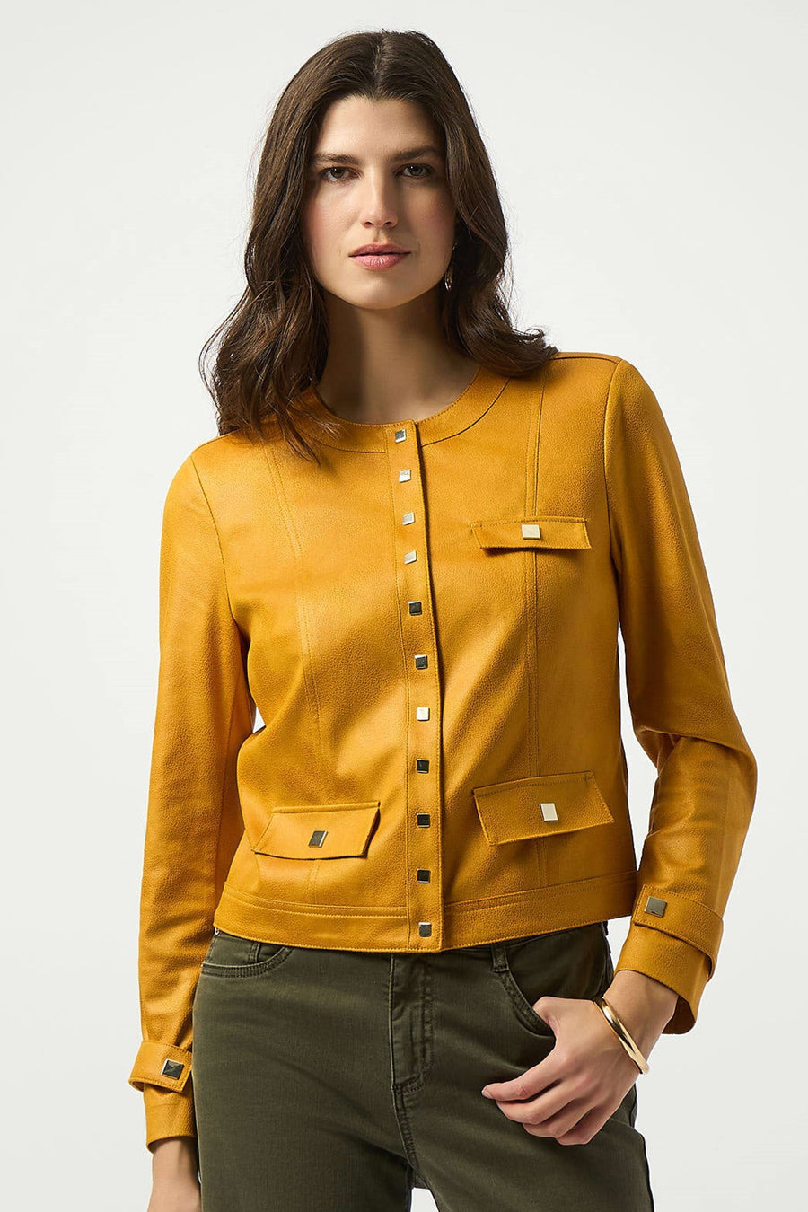 253935 Square Dome Foiled Faux Suede Fitted Jacket