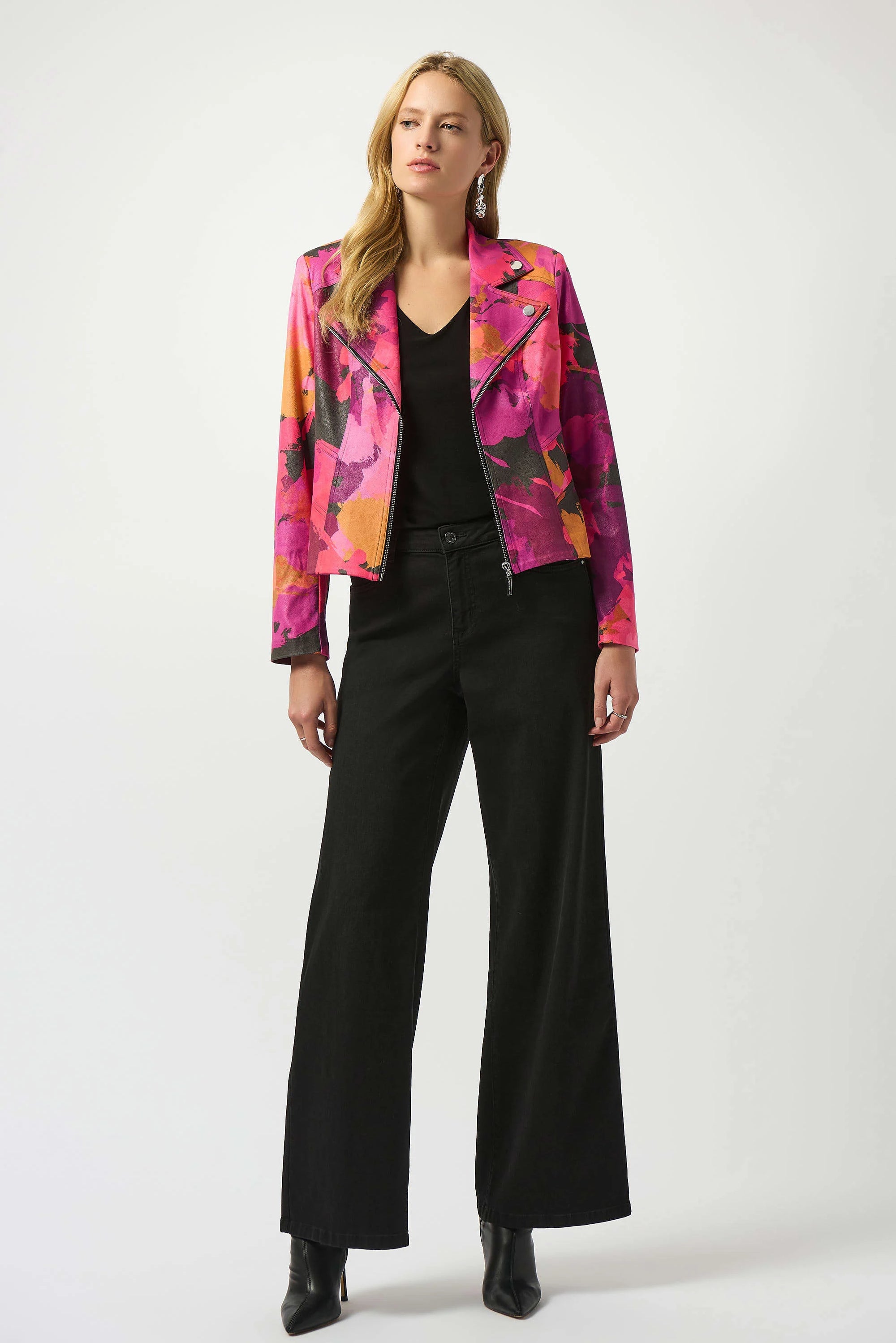 253954 Foiled Faux Suede Abstract Print Fitted Jacket