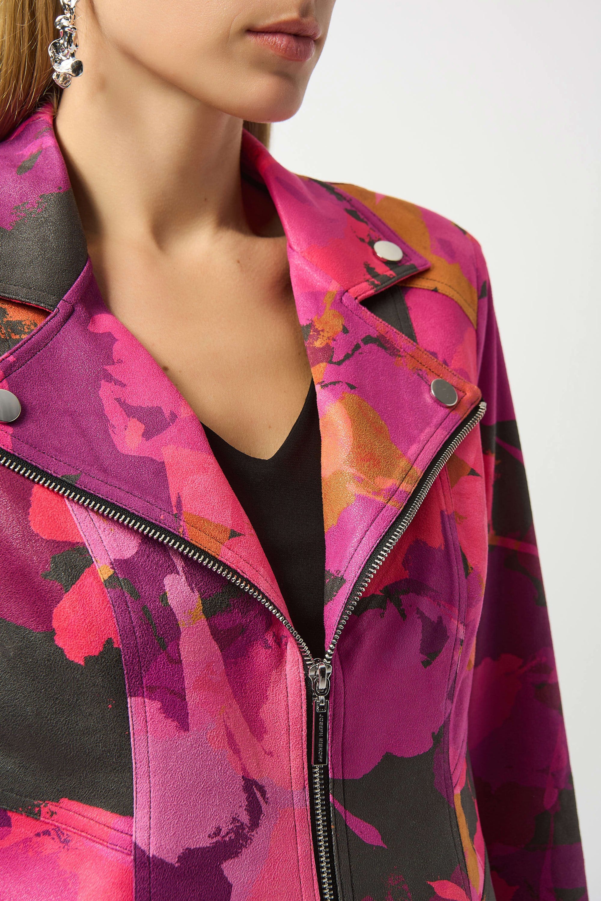 253954 Foiled Faux Suede Abstract Print Fitted Jacket