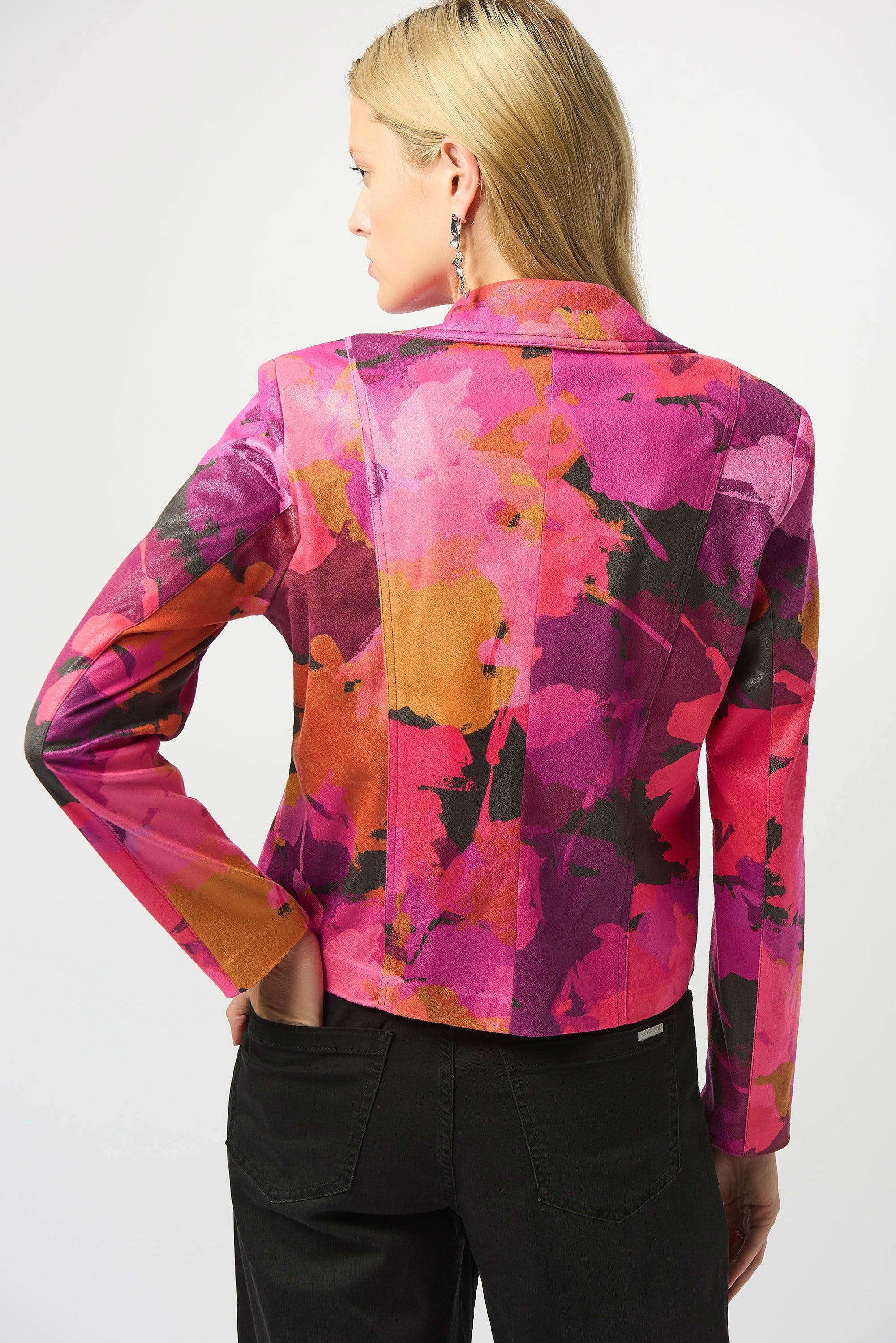 253954 Foiled Faux Suede Abstract Print Fitted Jacket
