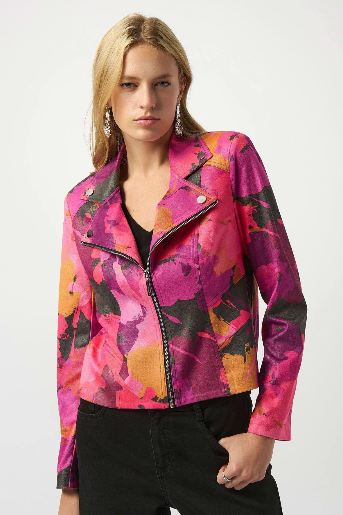 253954 Foiled Faux Suede Abstract Print Fitted Jacket