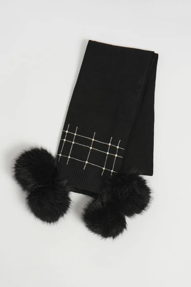 253970B  Black Knitted Faux Fur & Pompom Scarf