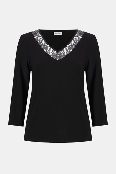 254025 Euro Knit Sequin V Neck Easy Fit Top