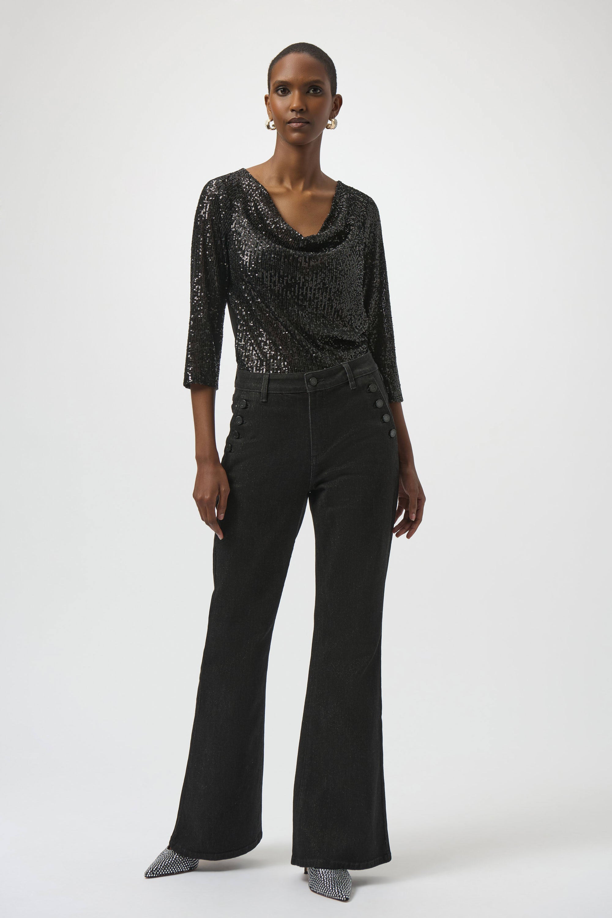 254137B Black Sequin and Silky Knit Evening Top