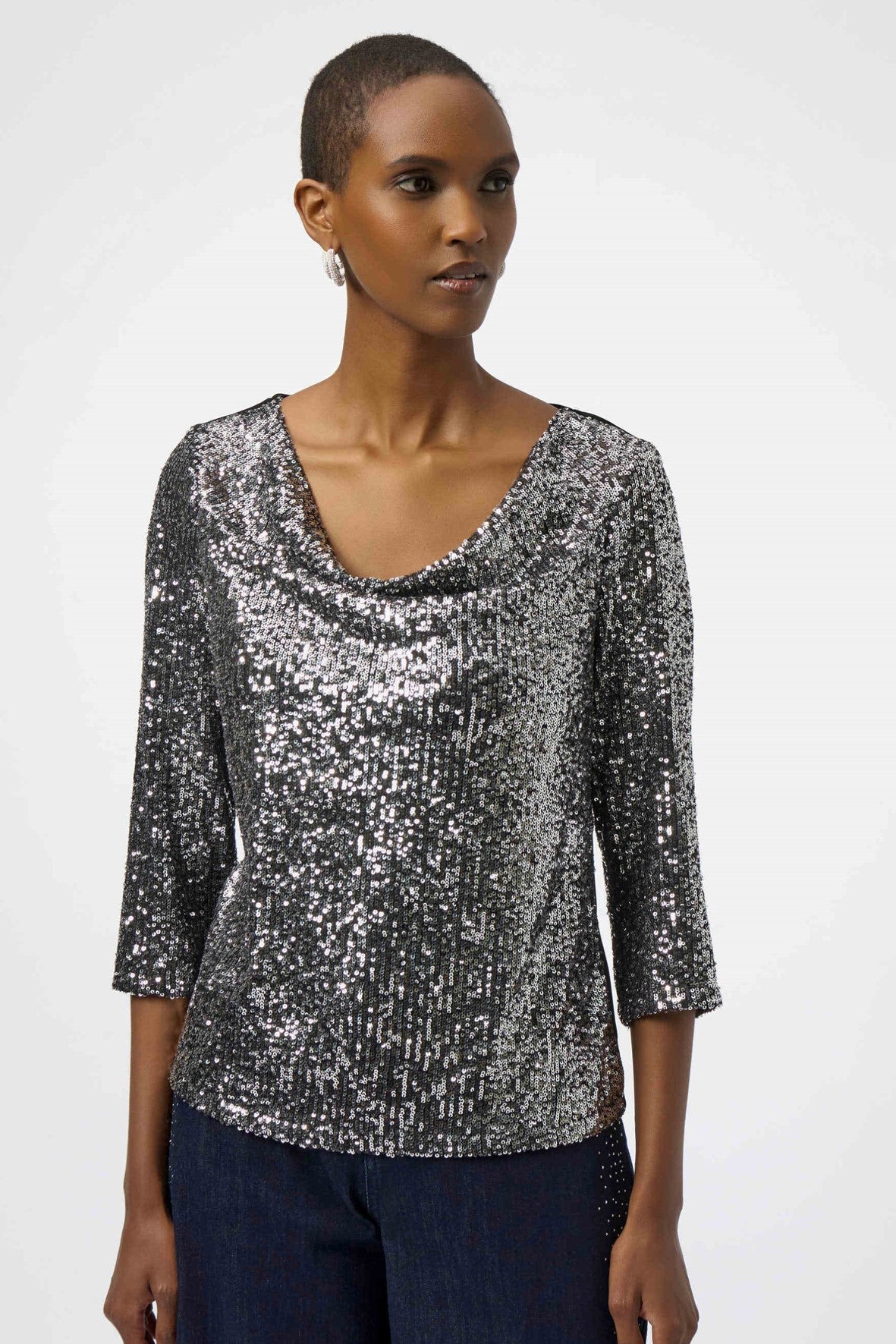 254137S  Silver Sequin and Silky Knit Evening Top