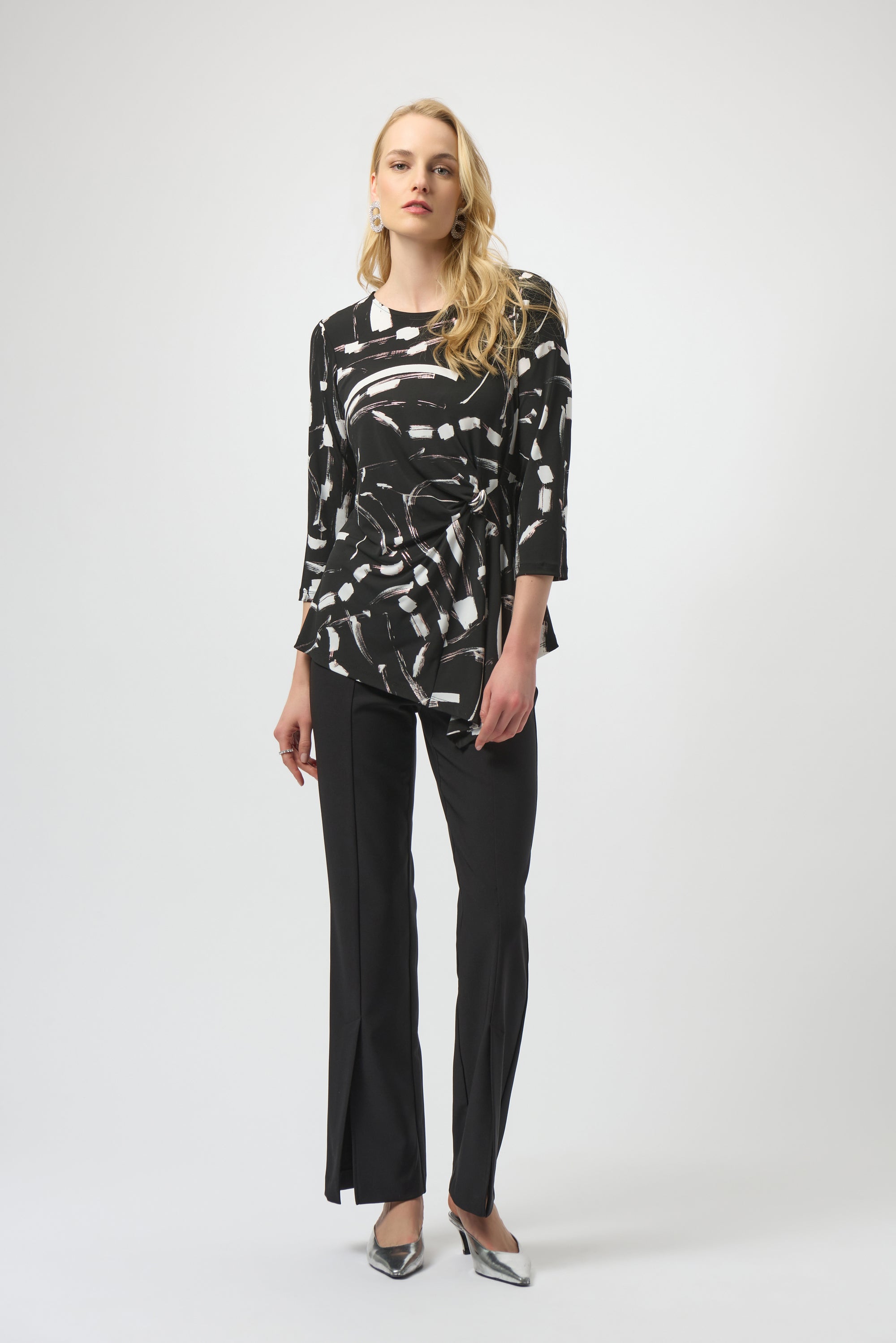 254165 Silky Knit Abstract Print Asymmetrical Top