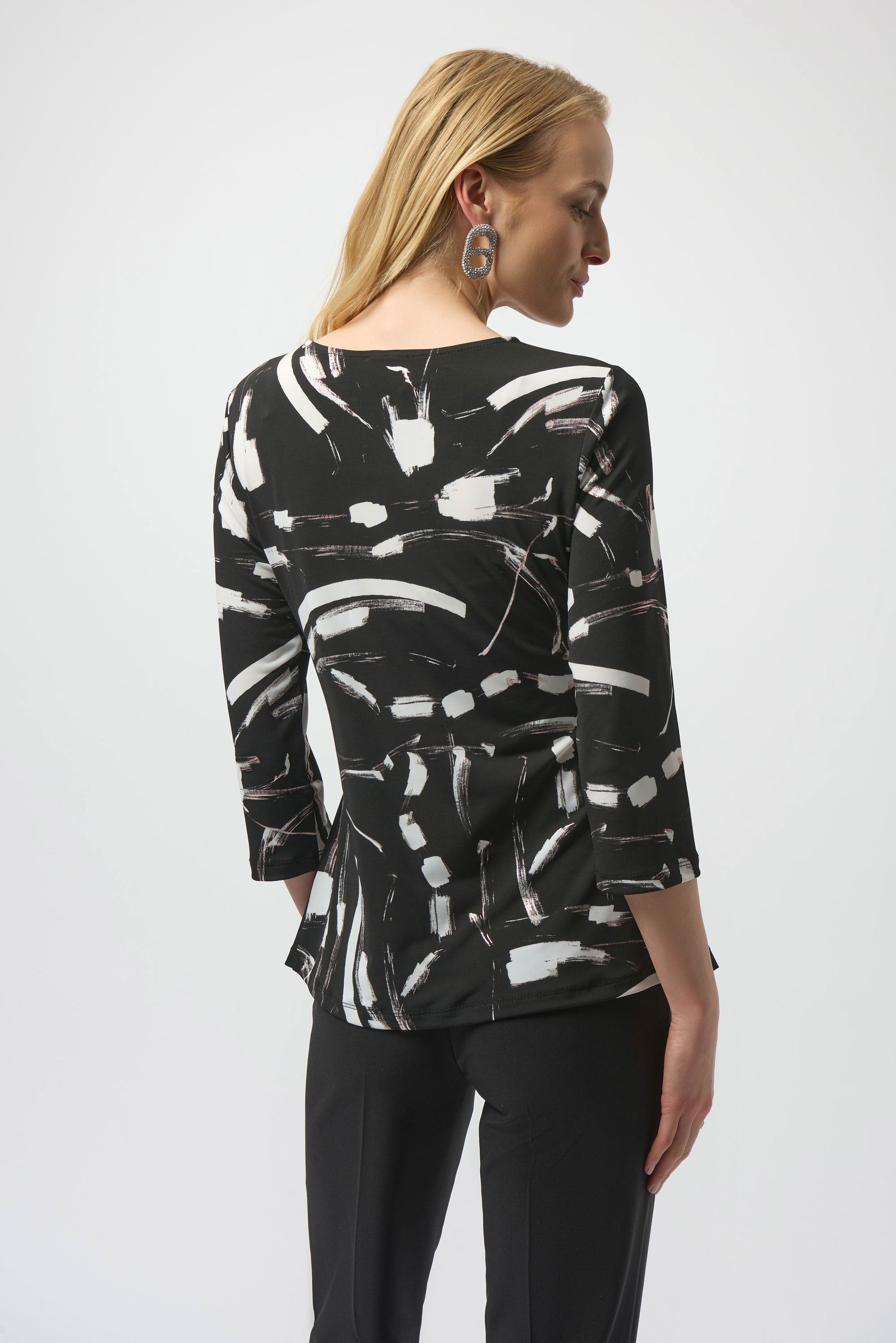 254165 Silky Knit Abstract Print Asymmetrical Top