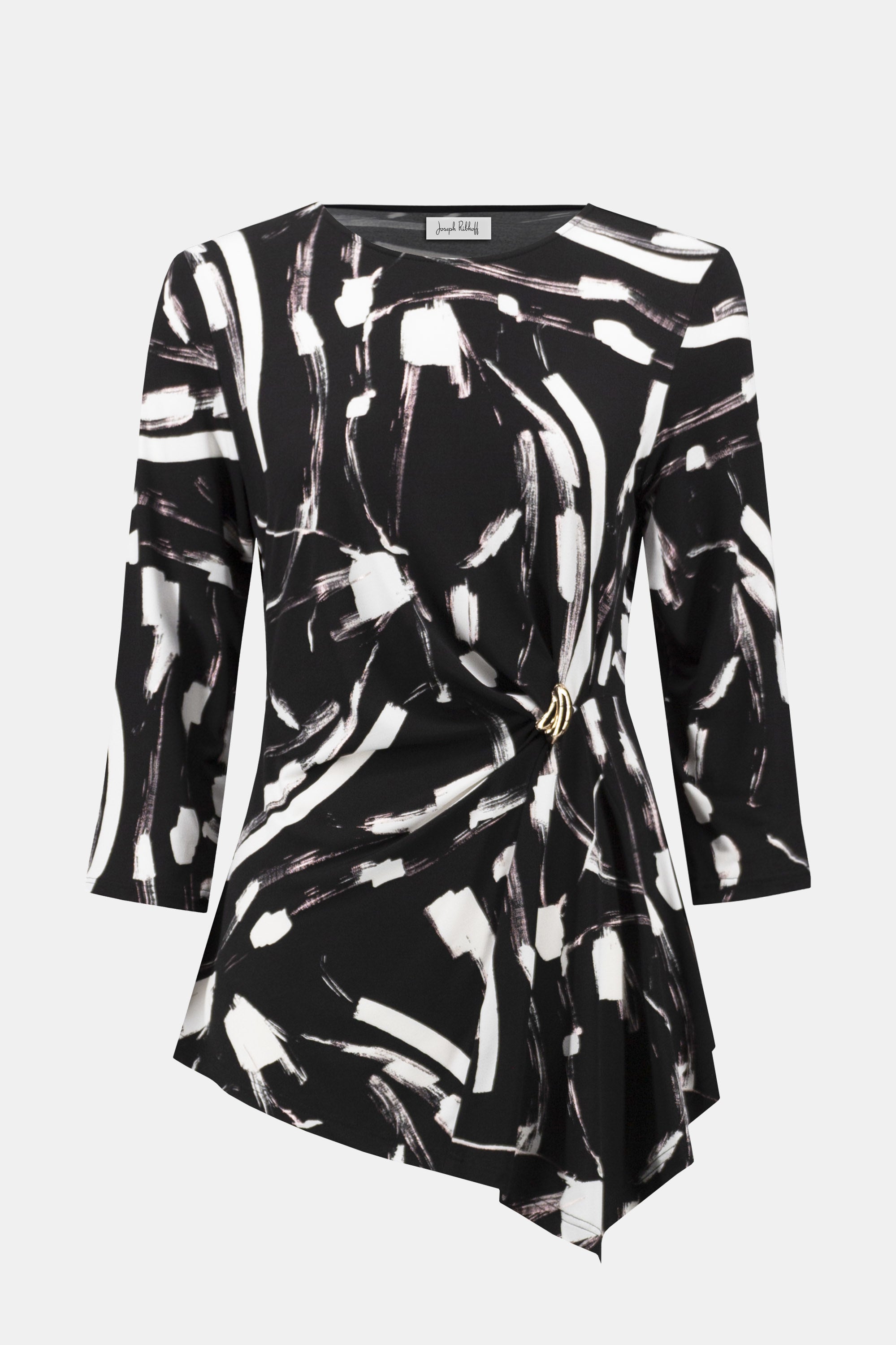 254165 Silky Knit Abstract Print Asymmetrical Top