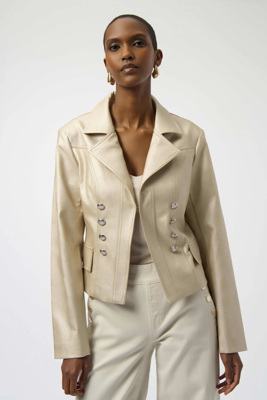 254925 Leatherette Notched Collar Button Front Jacket