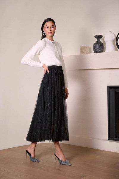 254927 Shimmer Tulle Mesh Layer Flared Skirt