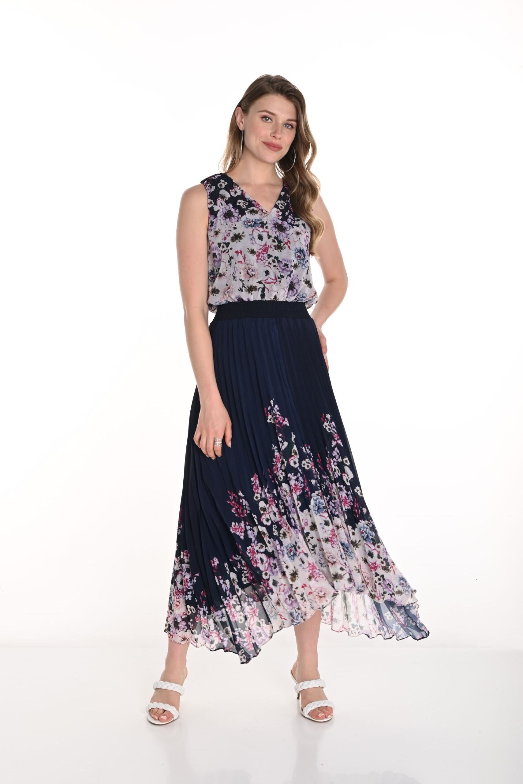 256712U Midnight Floral Placement Pleat Maxi Dress