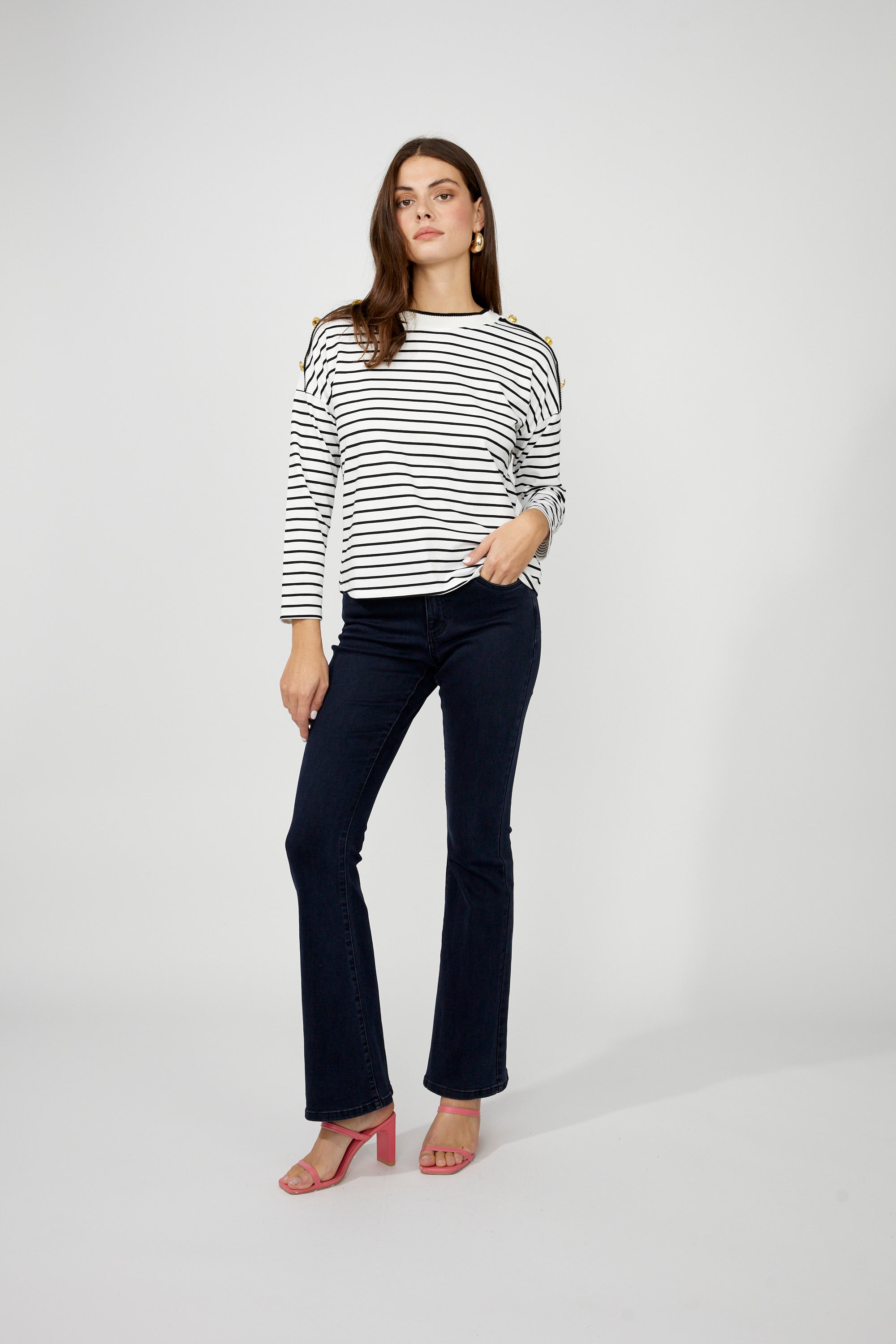 256720U  Button Shoulder Rayon Blend Stripe Jumper