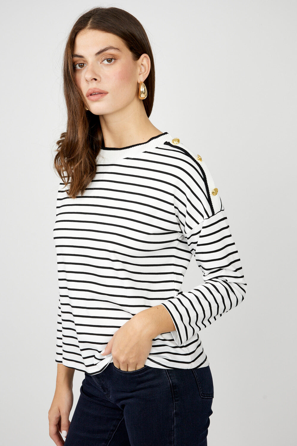 256720U  Button Shoulder Rayon Blend Stripe Jumper