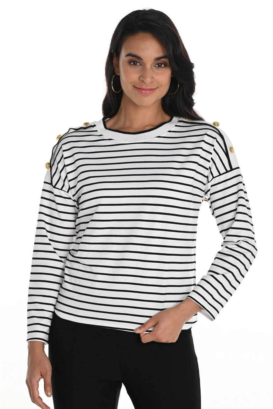 256720U  Button Shoulder Rayon Blend Stripe Jumper