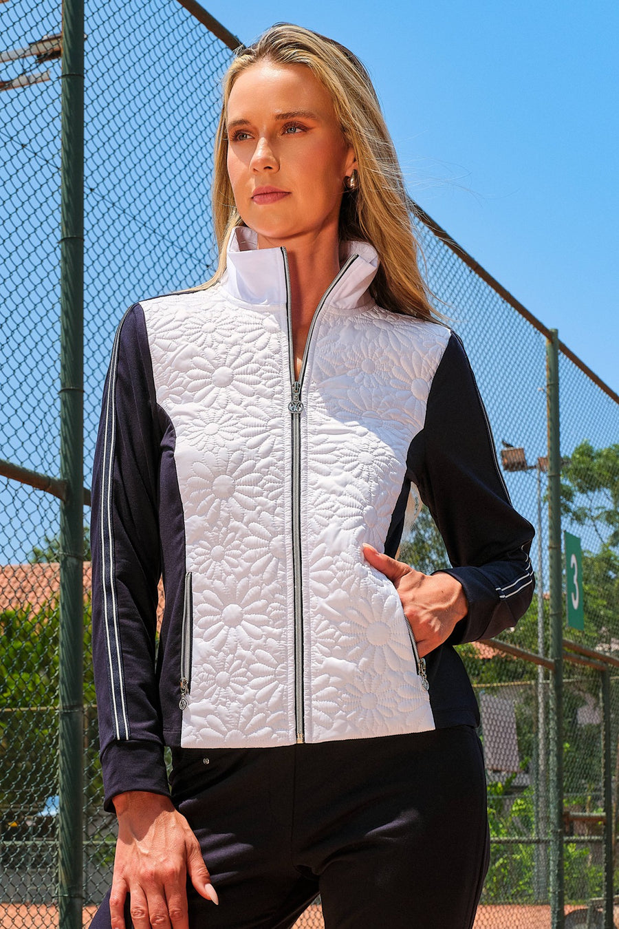 DC26106 WHITE Quilted Flower Zip Front Jacket